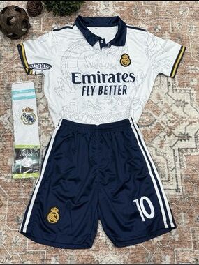 Kids' White & Navy Home Soccer Jersey and Shorts Set